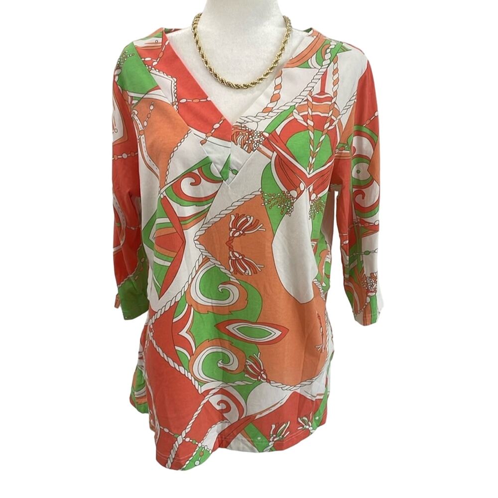 Allyson Whitmore Novelty Nautical Print Flowy V- Neck Tunic Top Size XL